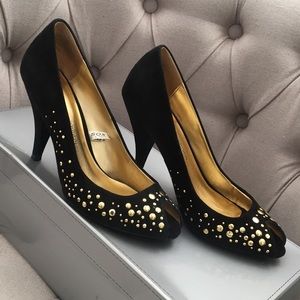 🖤 sigerson morrison target open peep toe leather suede pump heels gold studded 6